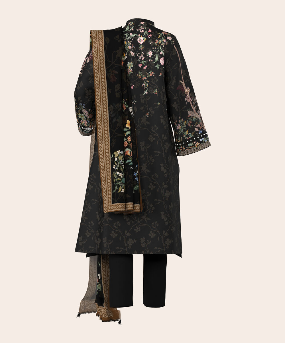 Women's Unstitched Lawn Black  Embroidered 3 Piece Suit