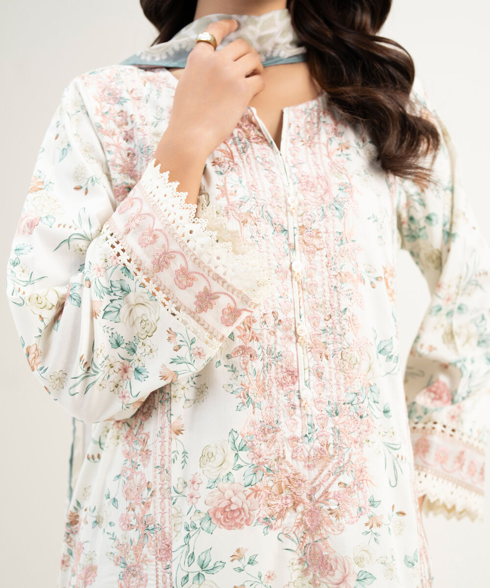 Women's RTW Lawn Embroidered White 3 Piece Suit