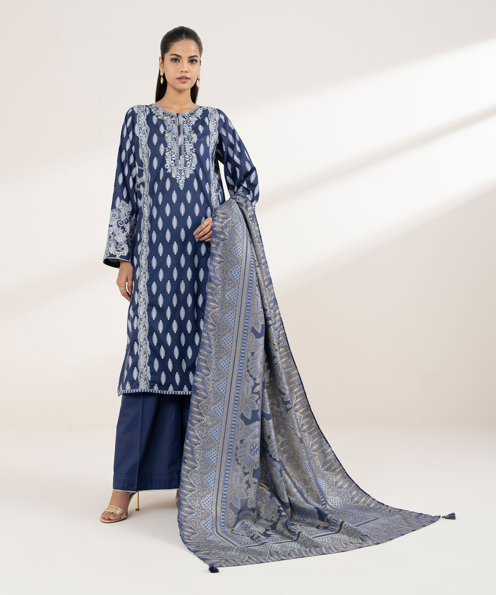 Women's RTW Lawn Blue Embroidered A-Line Shirt