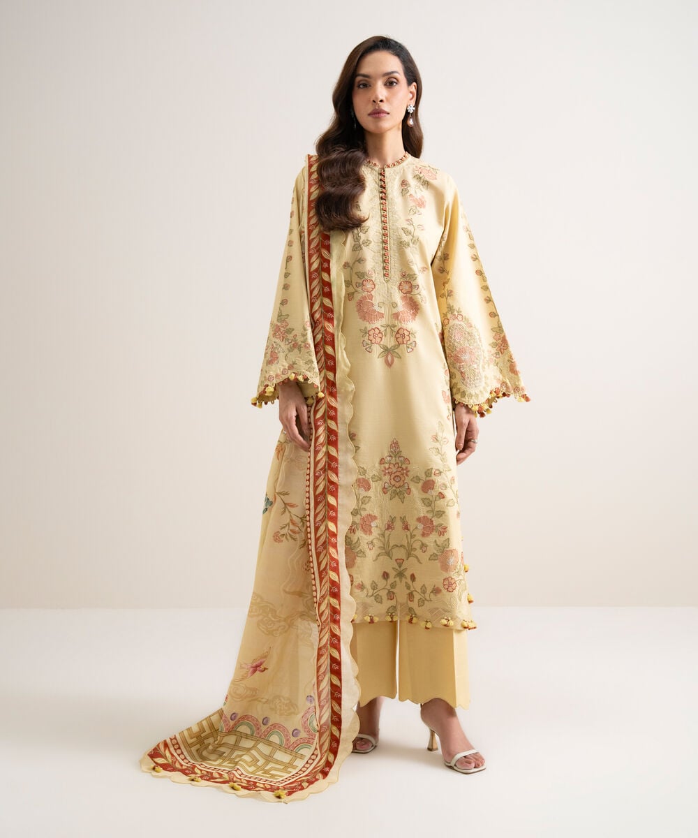Women's Unstitched Lawn Embroidered Yellow  3 Piece Suit