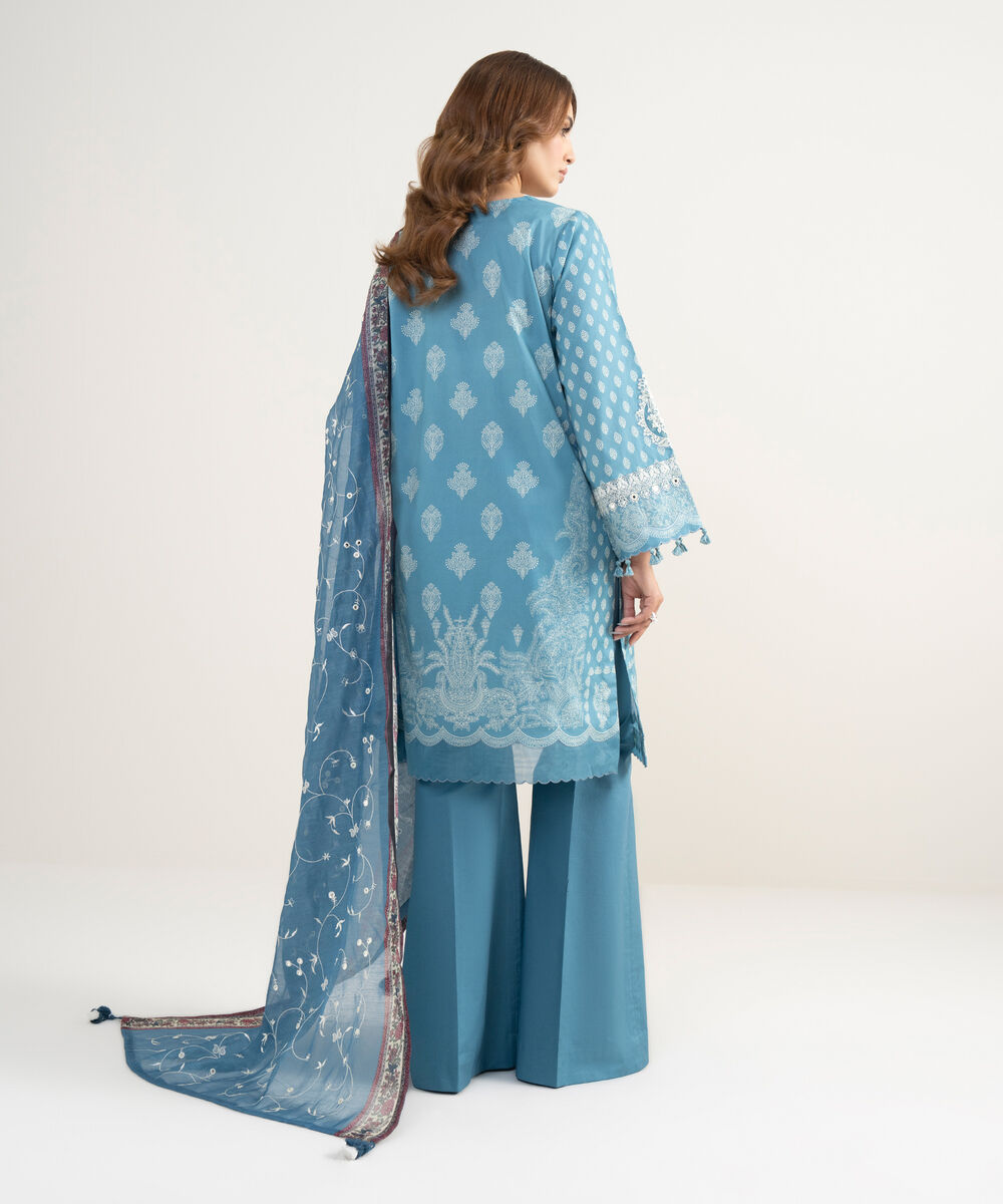 Women's Unstitched Lawn Embroidered Blue 3 Piece Suit