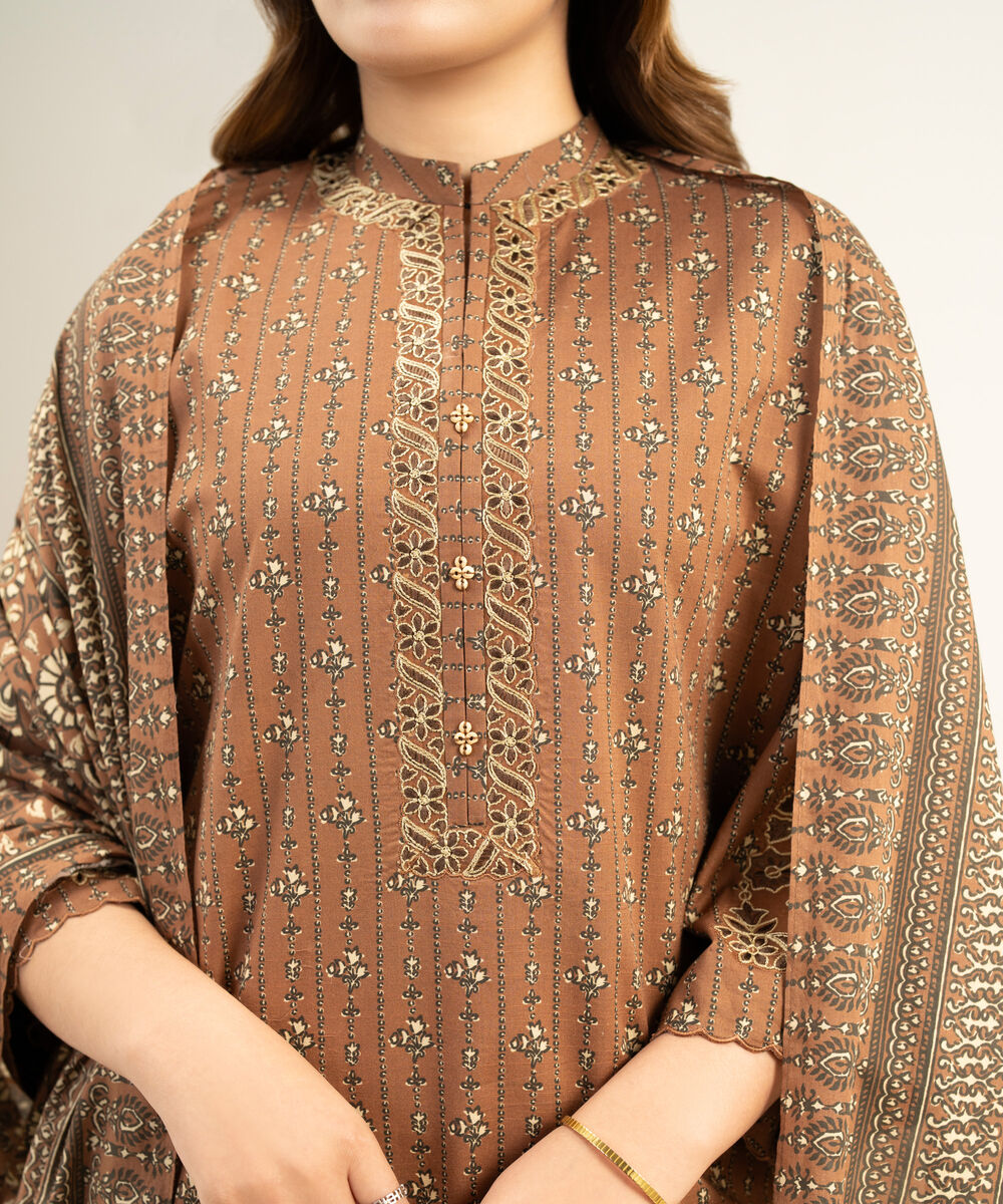 Women's Unstitched Lawn Embroidered Brown 3 Piece Suit