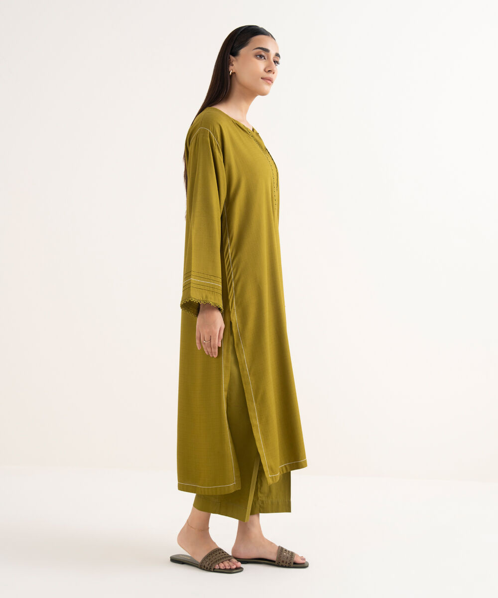 Women's RTW Textured Arabic Green Solid Drop Shoulder Shirt