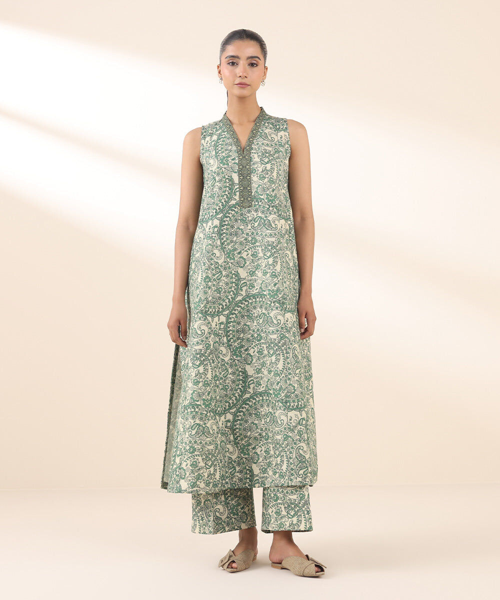 Woman - Green 2 Piece - Printed Khaddar Suit