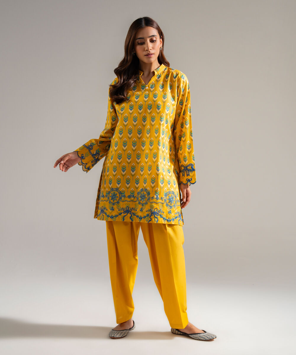 Women's RTW Cambric Embroidered Mustard Yellow 2 Piece Suit
