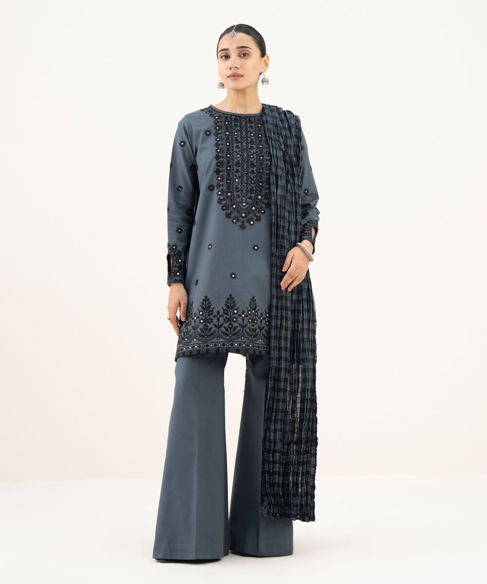 Women's Unstitched Cotton Embroidered Grey 3 Piece Suit