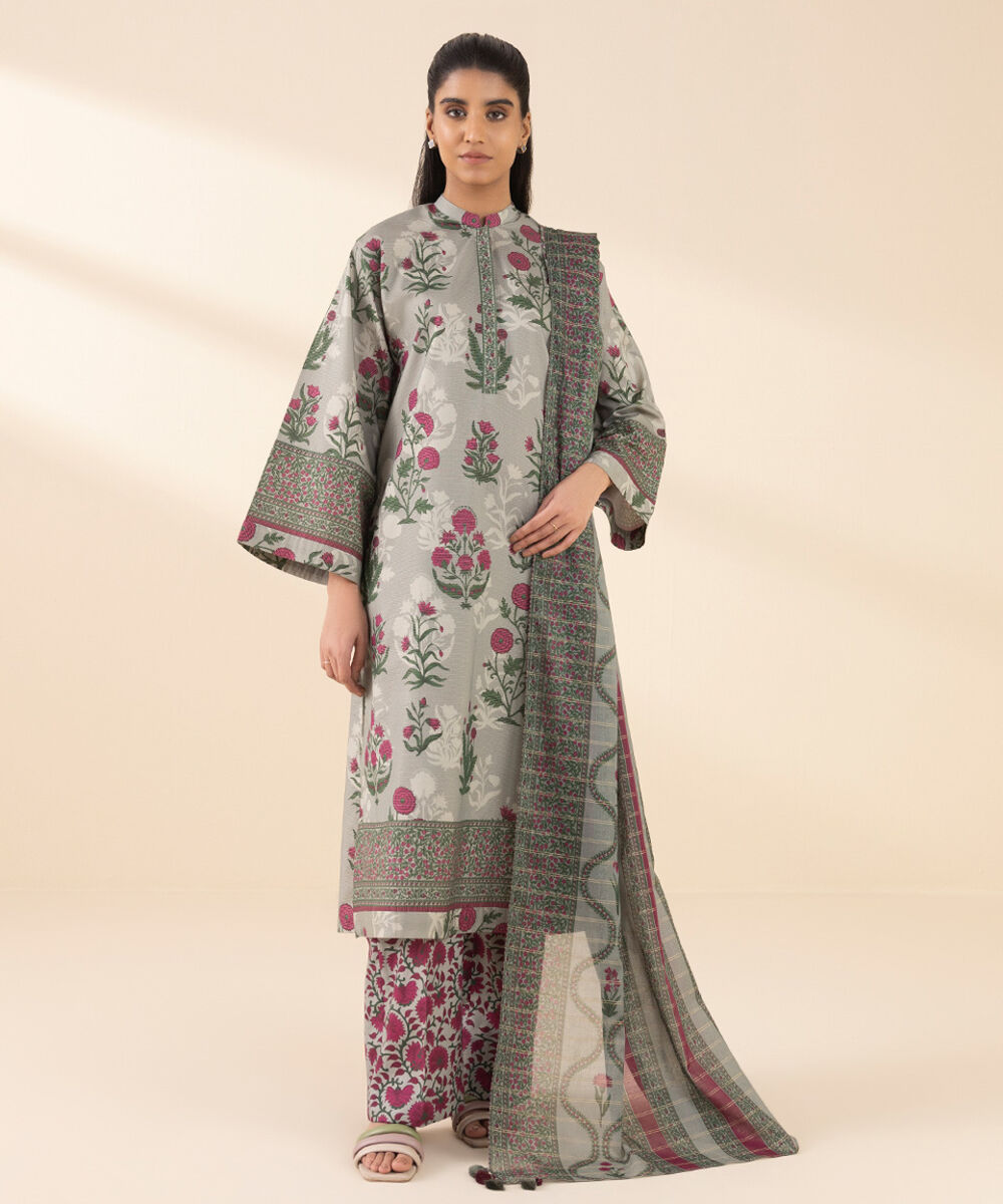 Unstitched Women's Green Lawn Printed 3 Piece Suit