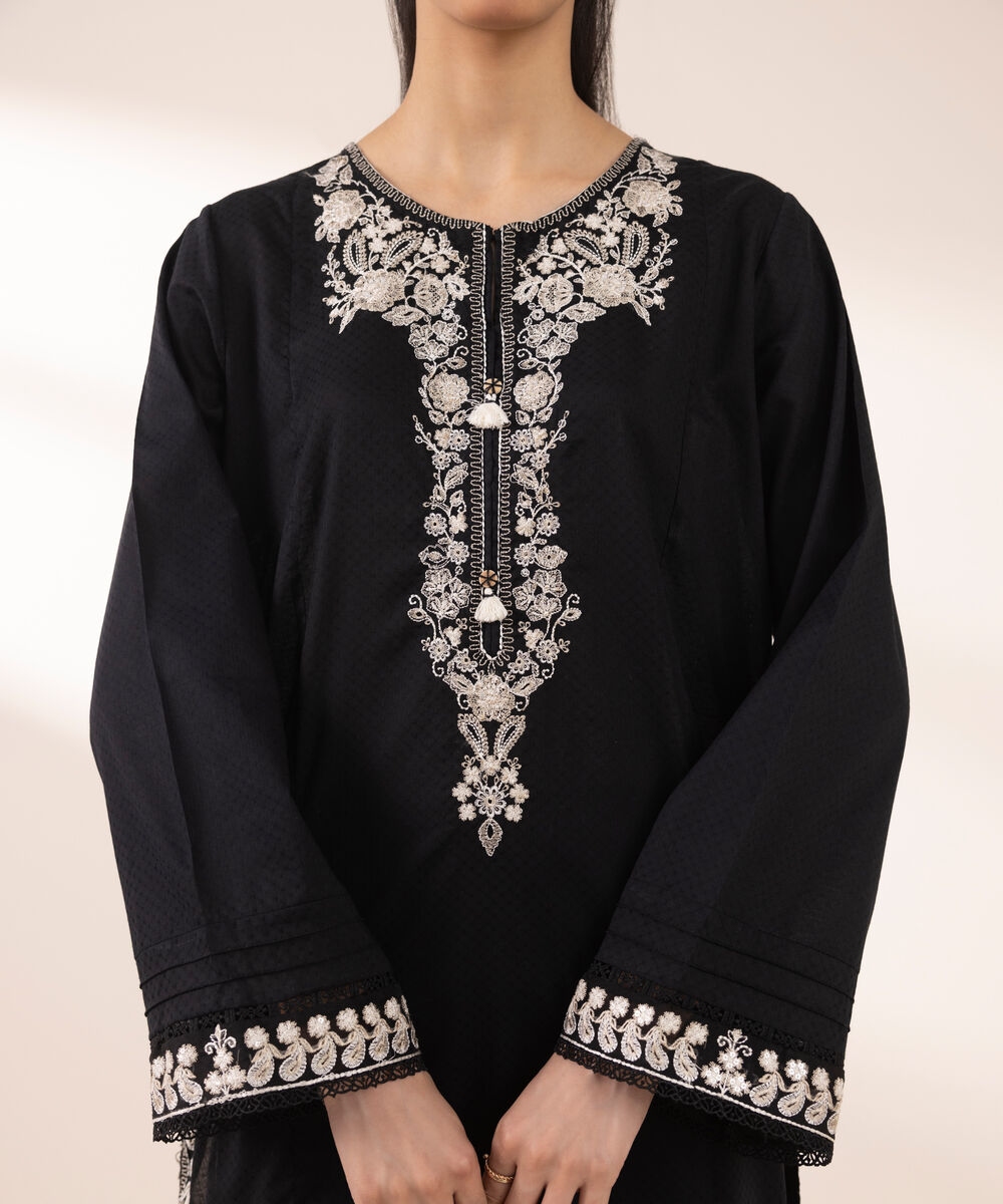 Women's RTW Dobby Black Embroidered A-Line Shirt