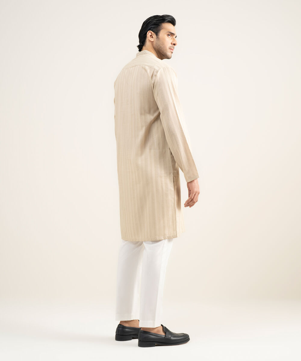 Men's Stitched Leno Jacquard Beige Kurta