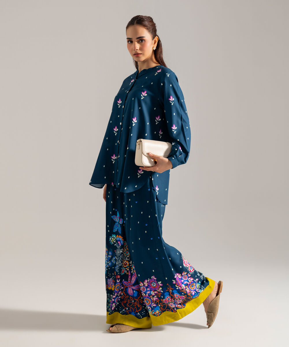 Women's RTW Printed Blue Viscose Linen 2 Piece Suit
