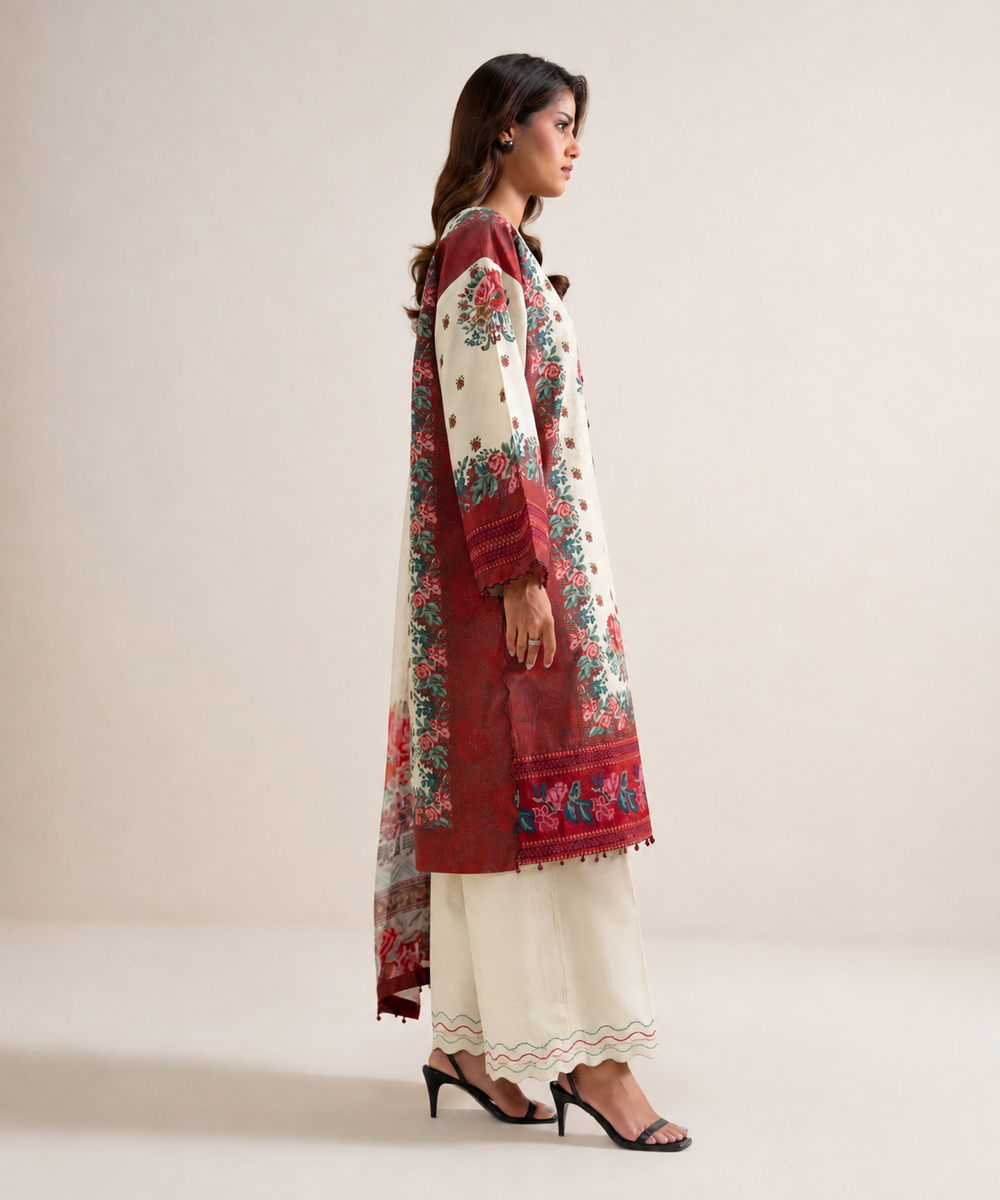Women's Unstitched Zari Cotton Embroidered Multi 3 Piece Suit