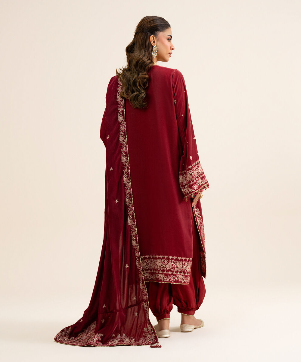 Women's Unstitched Velvet Embroidered Red 3 Piece Suit
