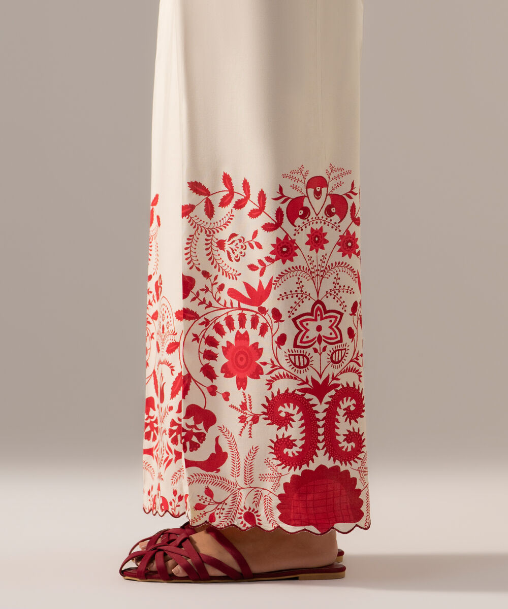 Women's RTW Arabic Cambric Printed Off White Flared Pants