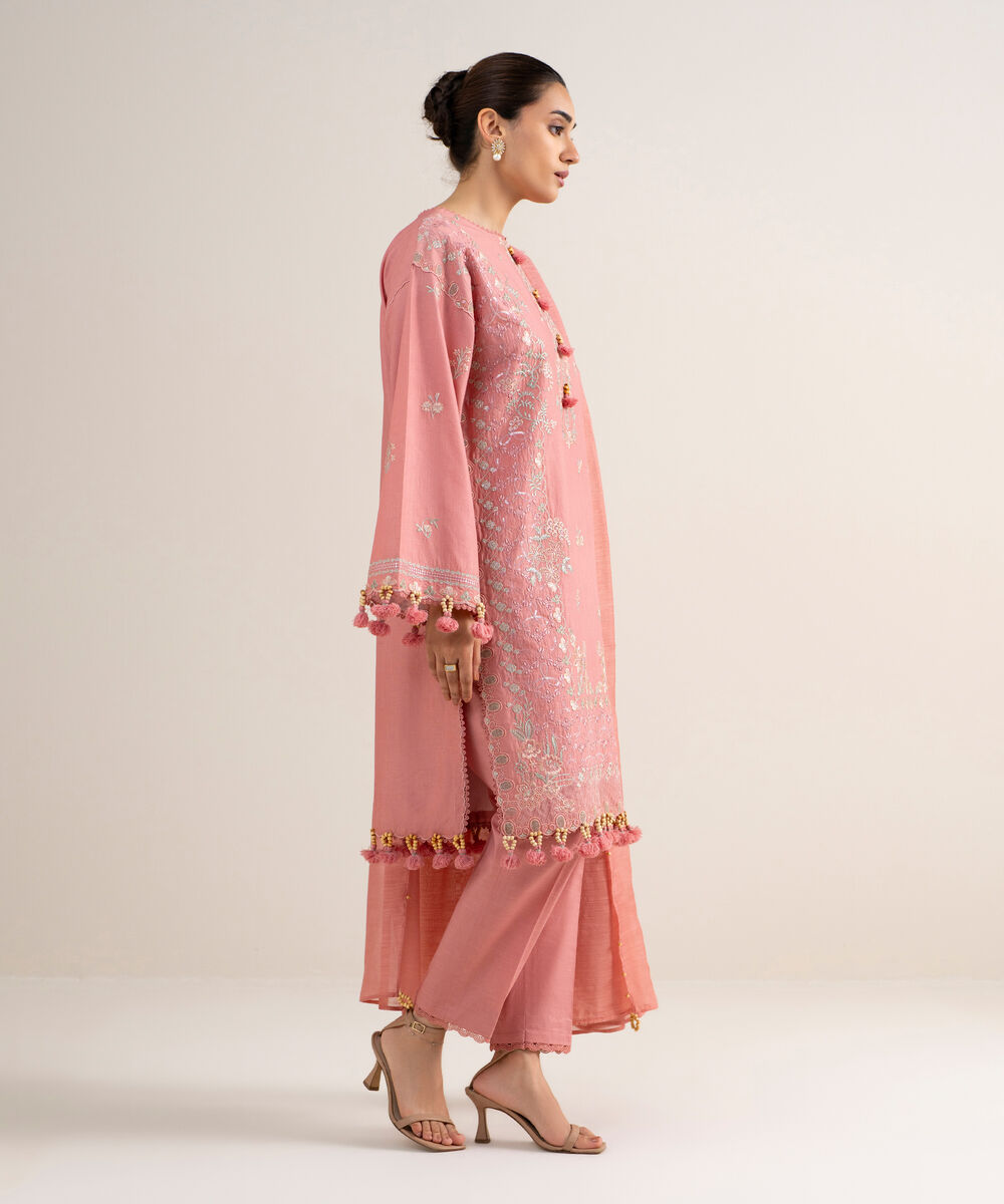 Women's Unstitched Textured Lawn Embroidered Pink 3 Piece Suit