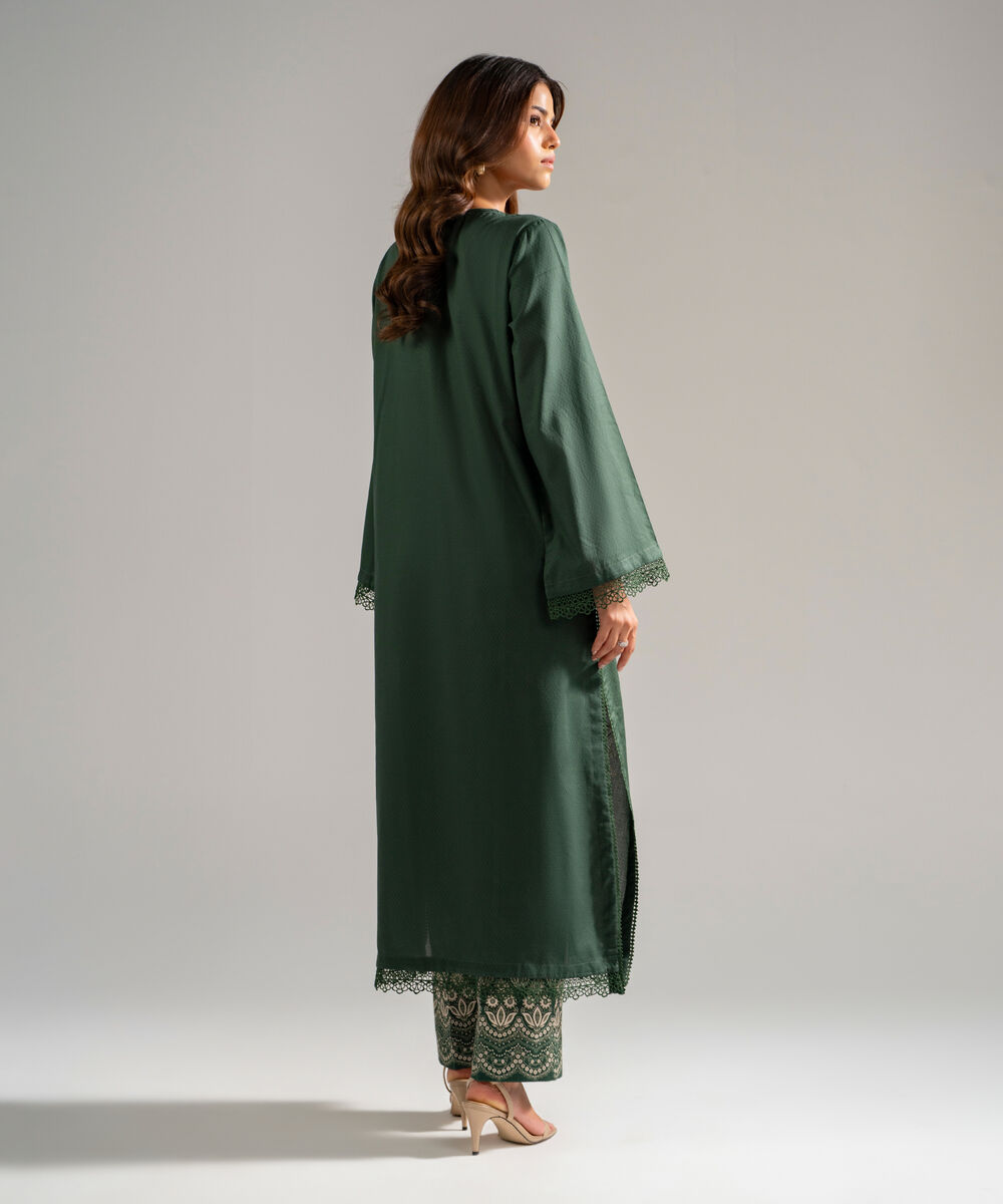 Women's RTW Dobby Embroidered Green 2 Piece Suit