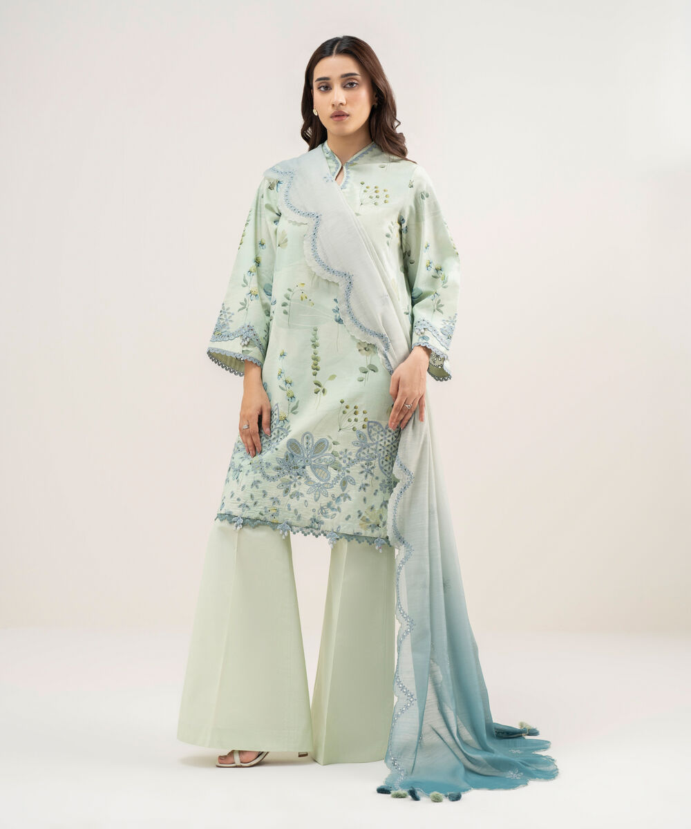 Women's Unstitched Lawn Embroidered Blue 3 Piece Suit