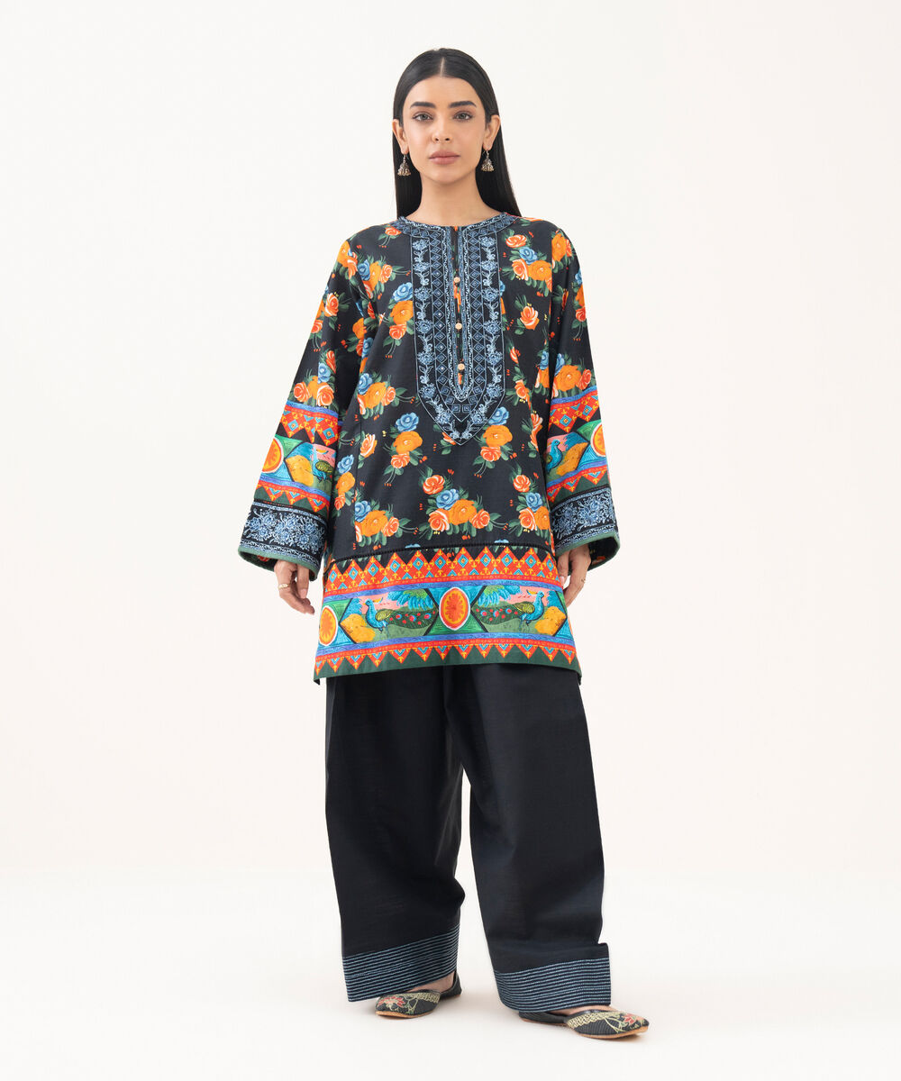 Women's RTW Light Khaddar Embroidered Black Boxy Shirt