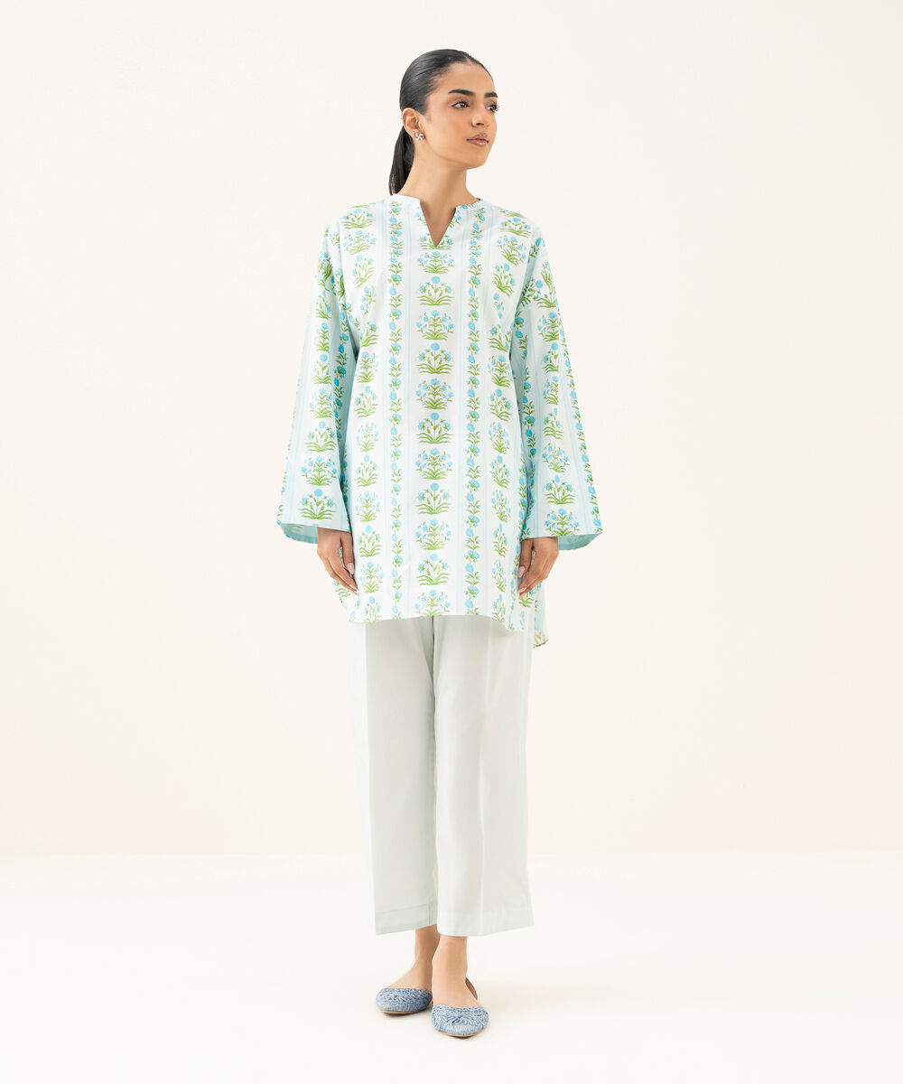 Women's RTW Cambric Printed Ice Blue Drop Shoulder Shirt