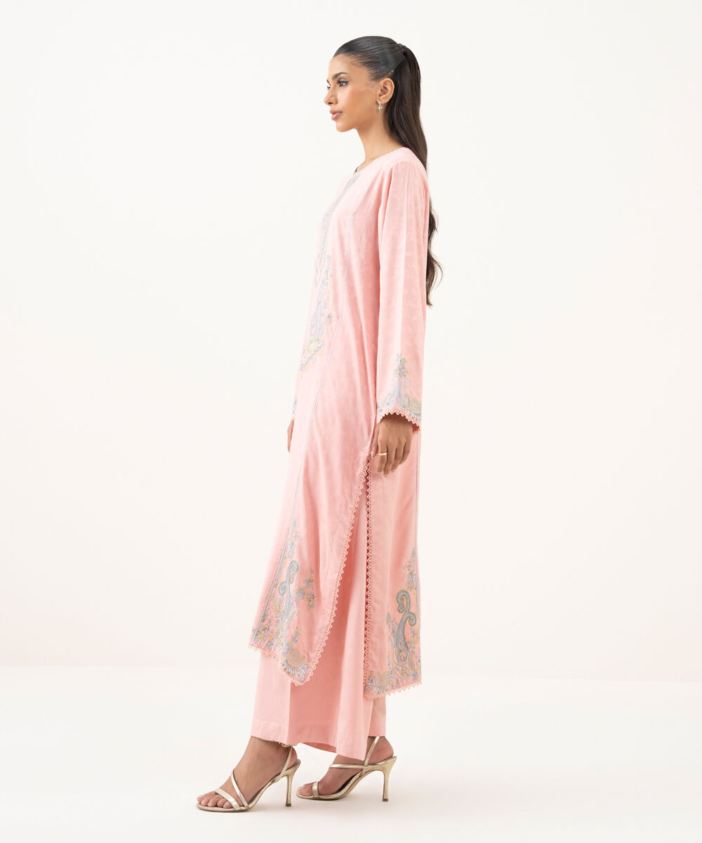 Women's RTW Textured Viscose Embroidered A-Line Pink Shirt