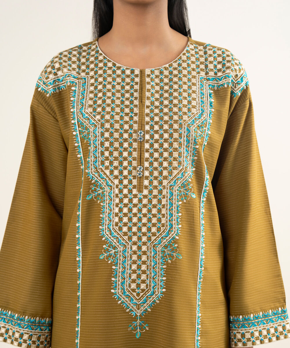 Women's RTW Light Khaddar Embroidered Brown A-Line Shirt