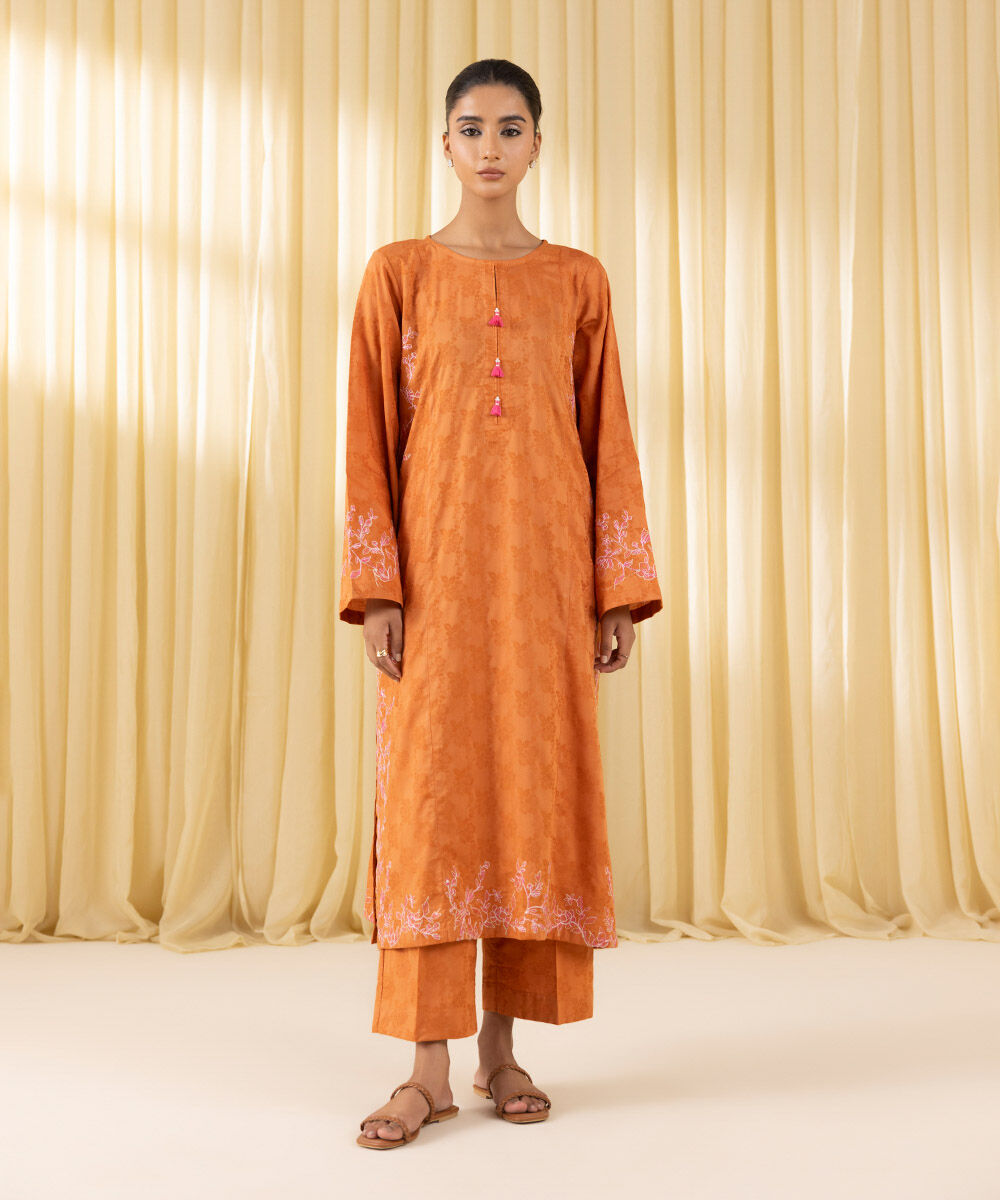 Women's Pret Yarn Dyed Orange Embroidered A-Line Shirt