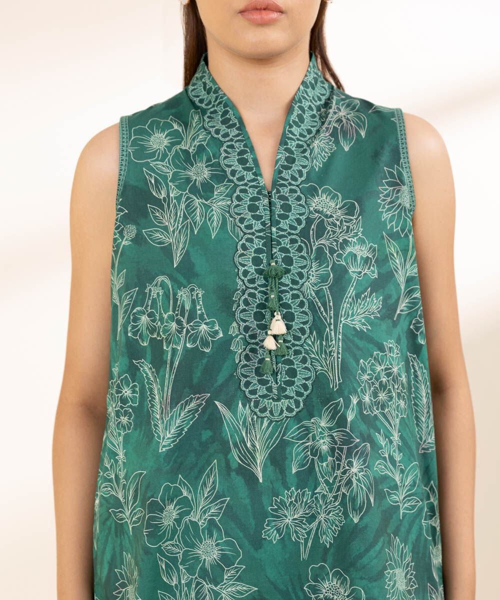 Unstitched Women's Printed Lawn Green Two Piece Suit