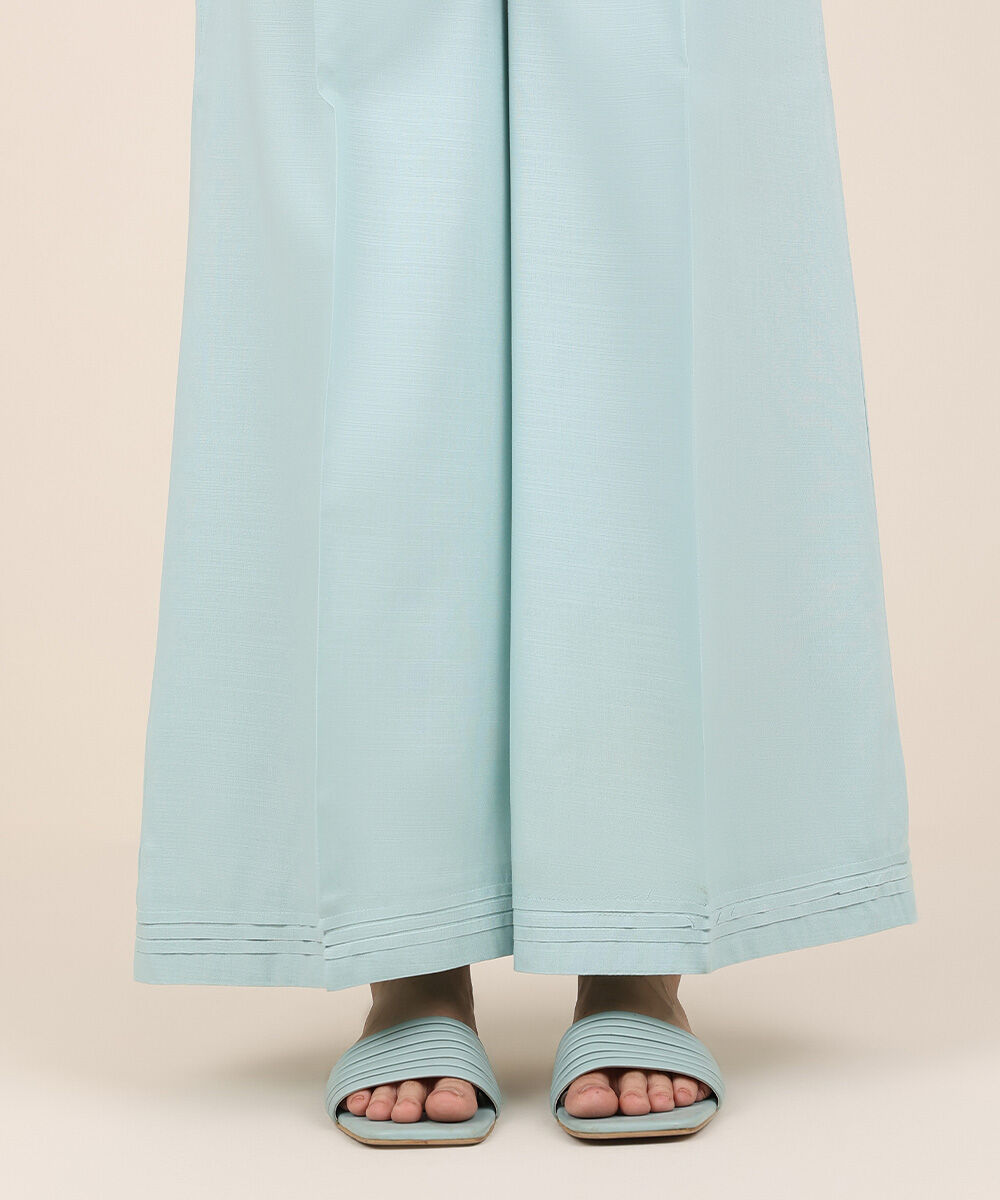 Women's RTW Cambric Blue Solid Flared Pants