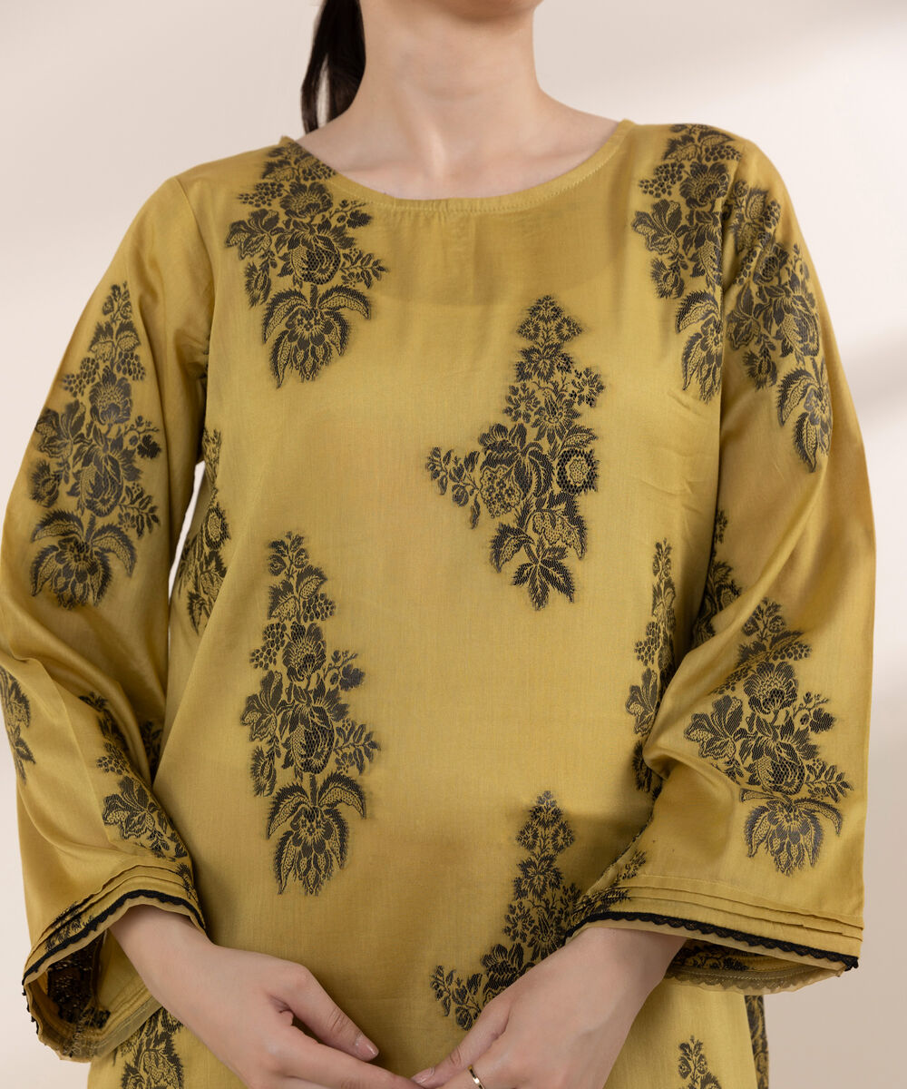 Women's RTW Extra Weft Jacquard Yellow Solid A-Line Shirt