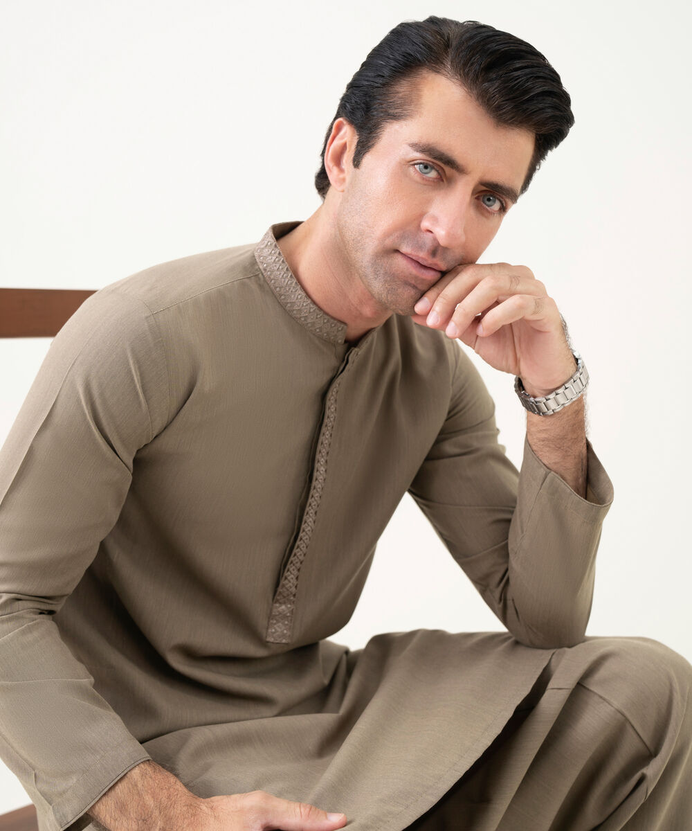 Men's Viscose Embroidered Beige Kurta Shalwar