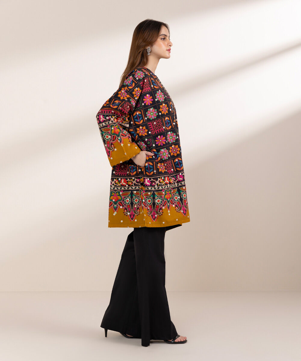 Women's Pret Cambric Black Embroidered Straight Shirt