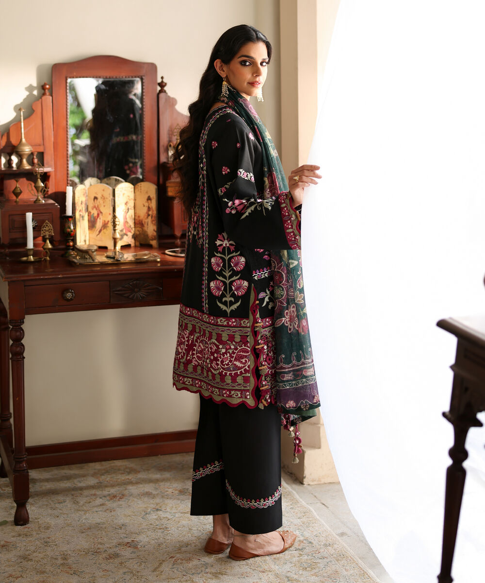 Women's Unstitched Lawn Embroidered Black 3 Piece Suit