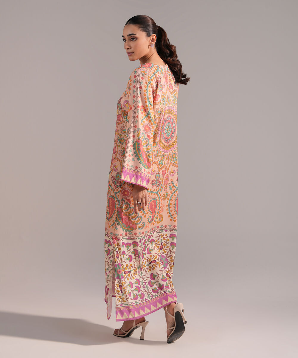 Women's RTW Blended Grip Silk Printed Peach A-Line Shirt