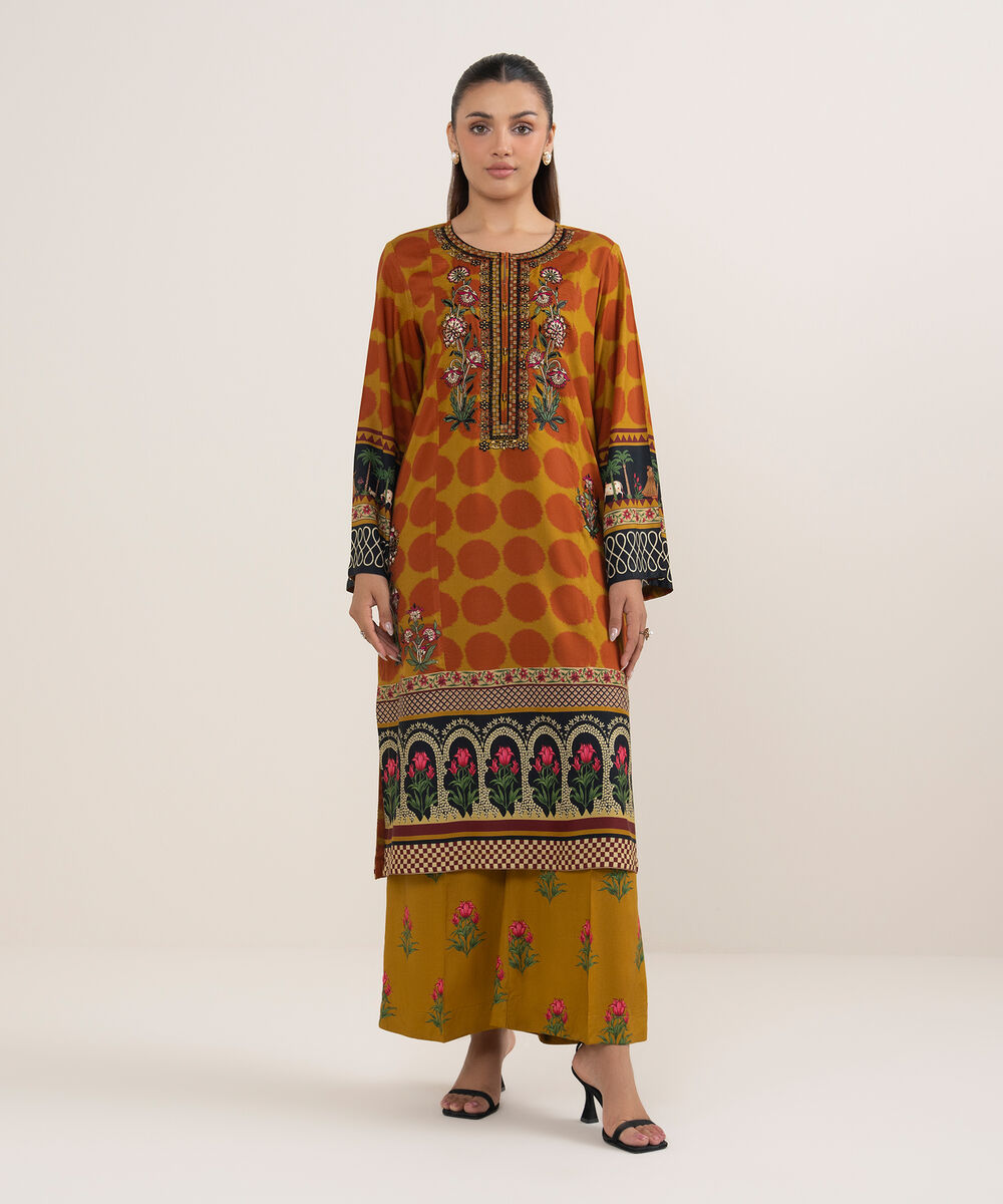 Women's RTW Arabic Lawn Orange Printed Aline Shirt
