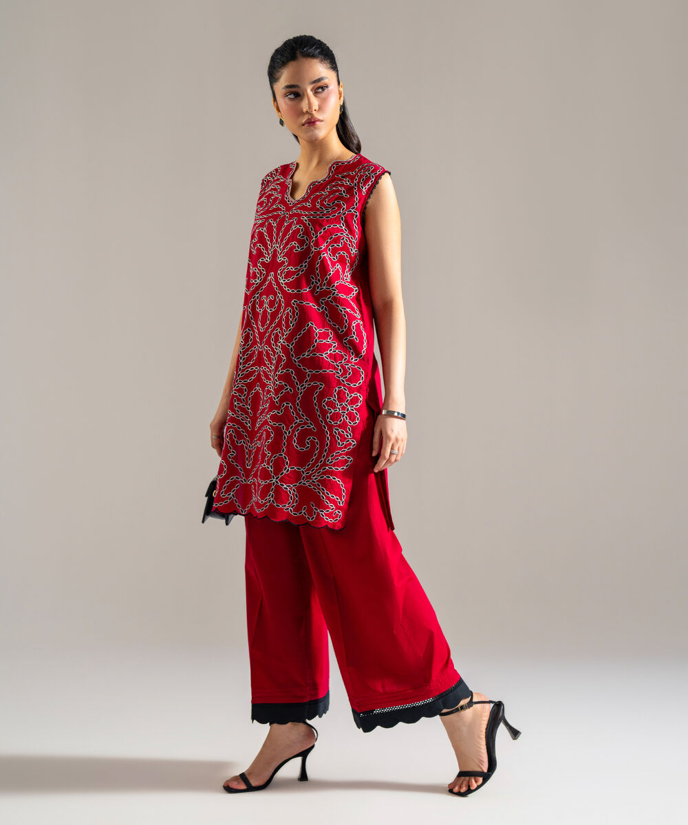 Women's RTW Lawn Embroidered Red 2 Piece Suit