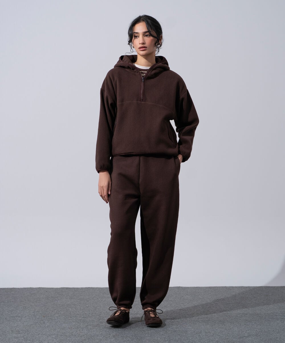 Women's Western Wear Brown Polyester Quarter-Zip Fleece Hoodie