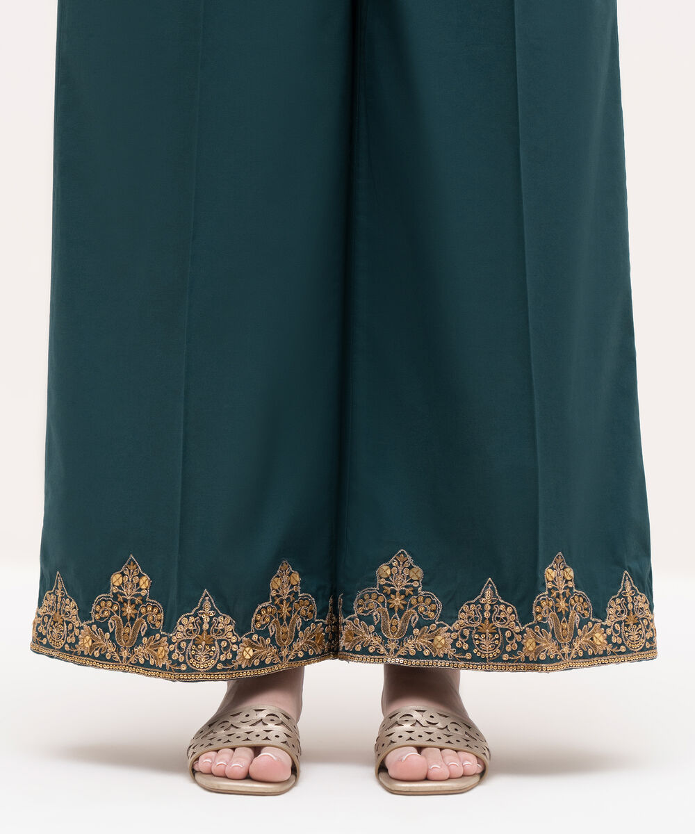 Women's RTW Cambric Blue Embroidered Flared Pants