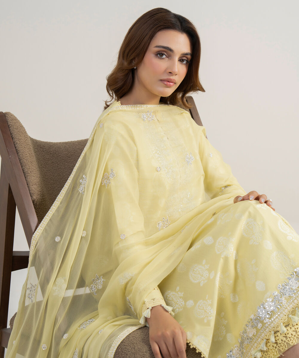 Women's Unstitched Extra Weft Jacquard Embroidered Yellow 3 Piece Suit