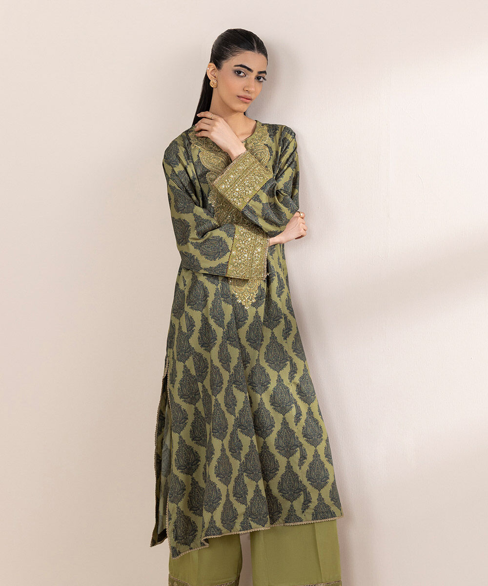 Women's RTW Cotton Satin Green Embroidered A-Line Shirt