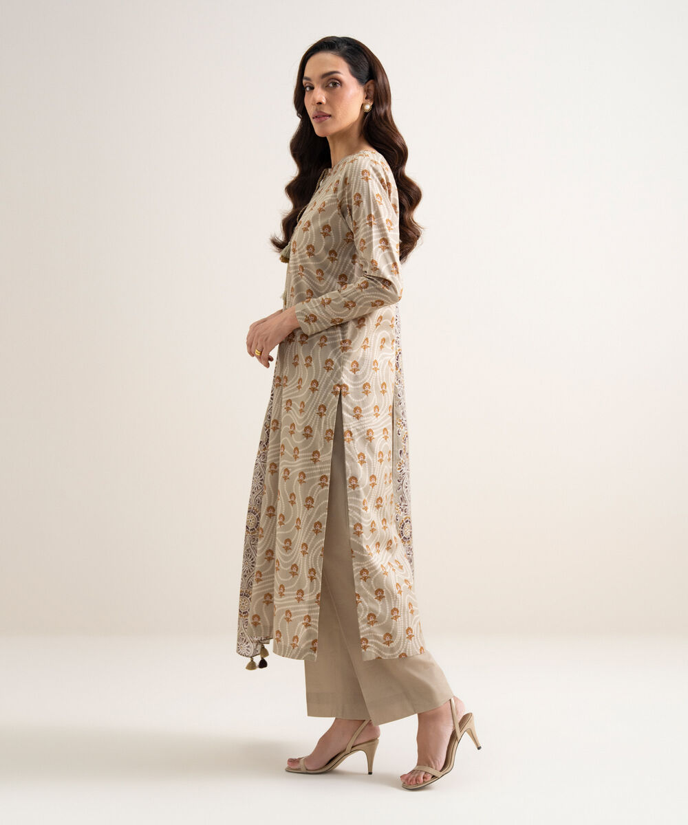 Women's Unstitched Cotton Printed Beige 3 Piece Suit