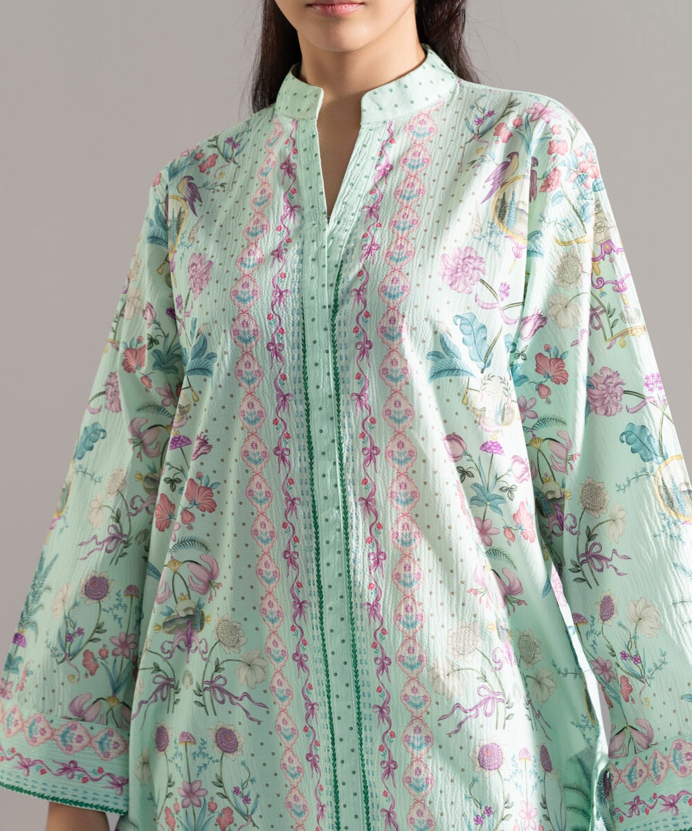 Women's RTW Seersucker Printed Green 2 Piece Suit
