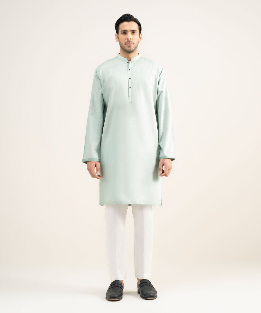 Men's Stitched Cotton Jacquard Aqua Kurta