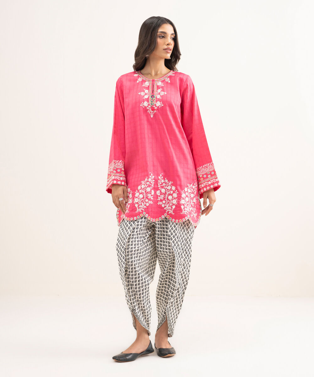 Women's RTW Dobby Embroidered Pink Straight Shirt