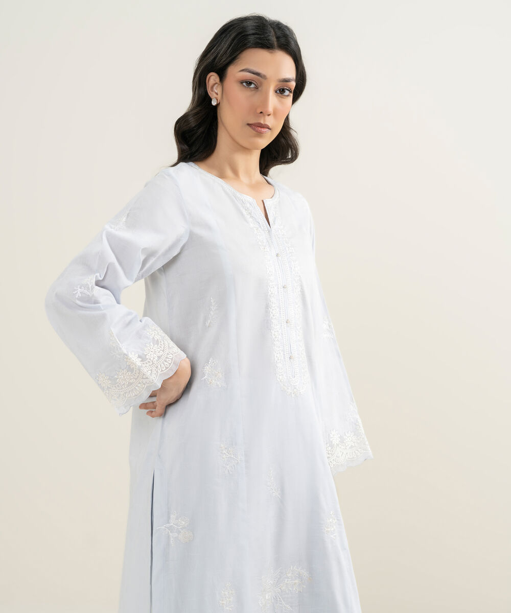 Women's RTW Self Jacquard Embroidered Ice Blue A-Line Shirt