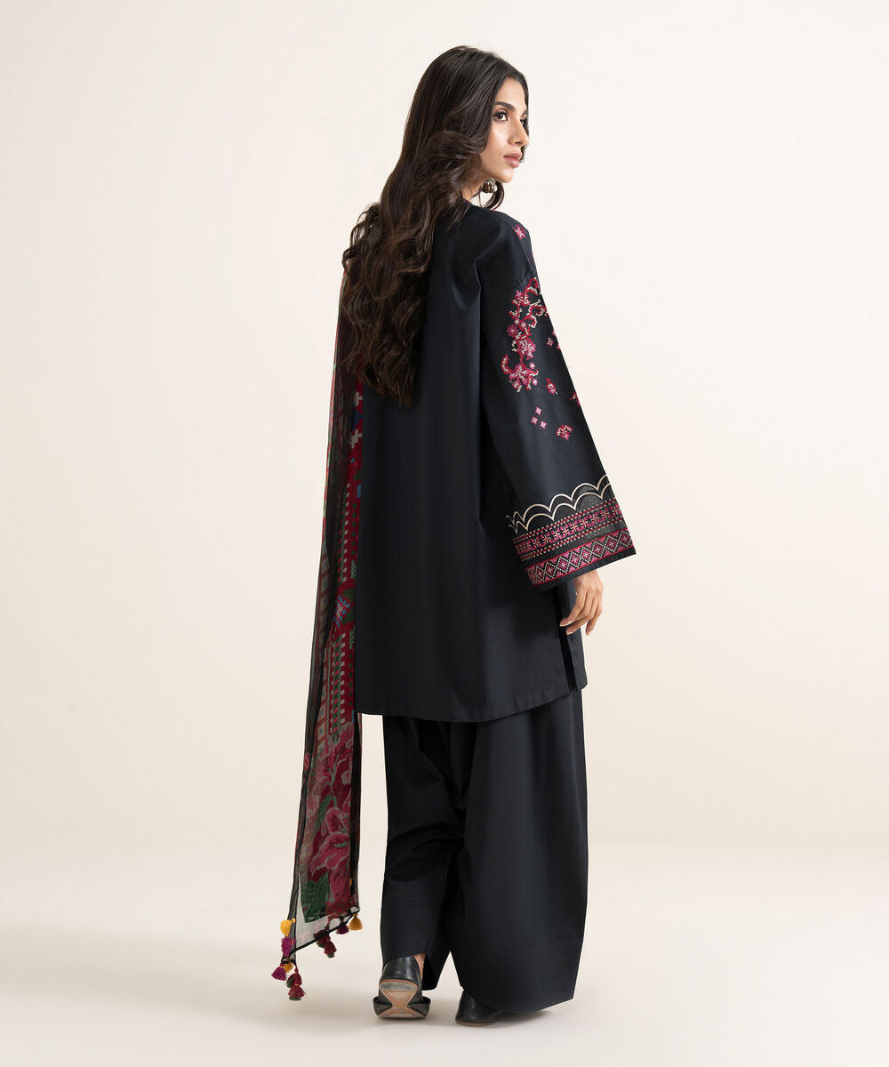 Women's Unstitched Textured Lawn Embroidered Black 3 Piece Suit