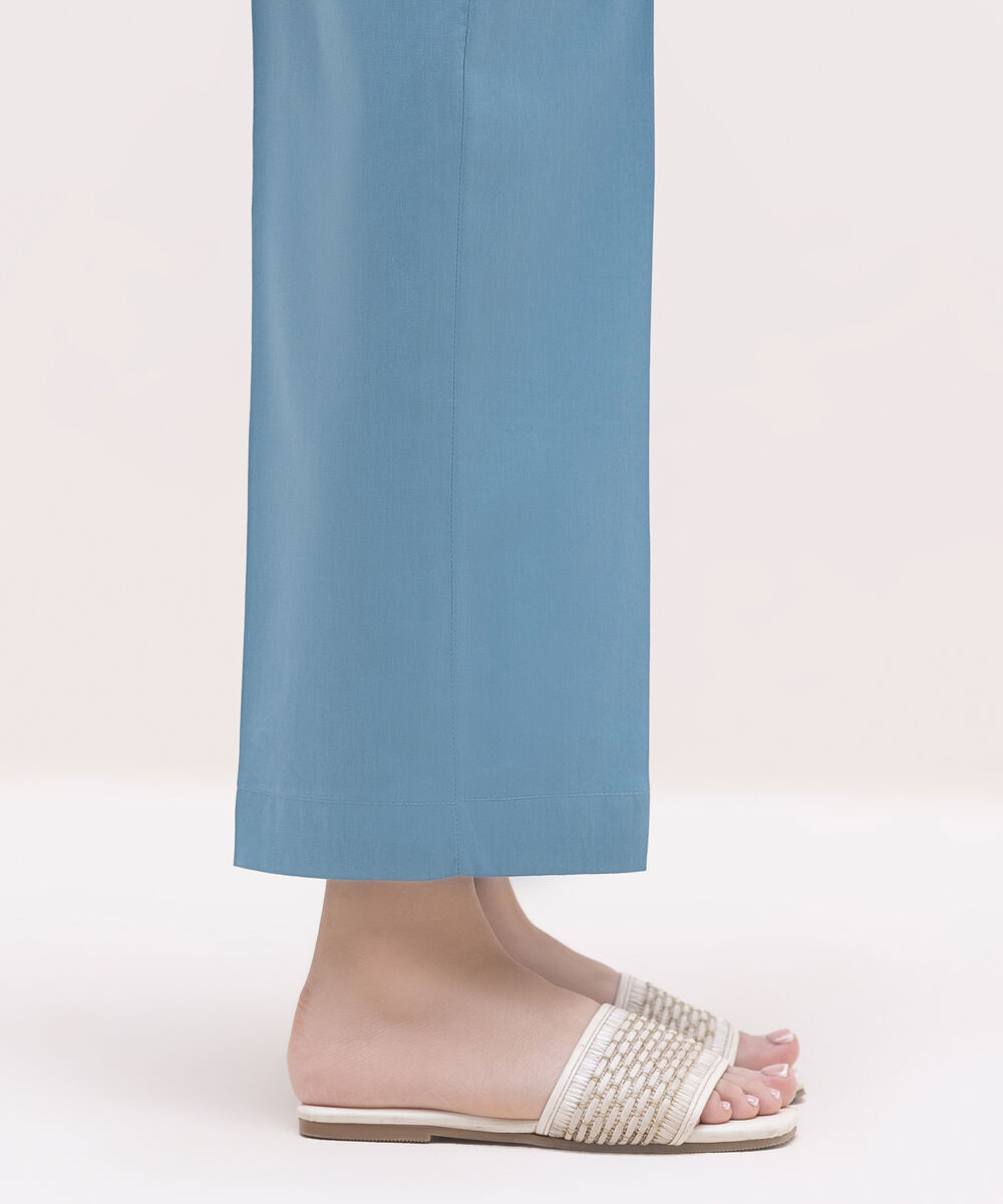 Women's RTW Cotton Viscose Blue Solid Straight Pants