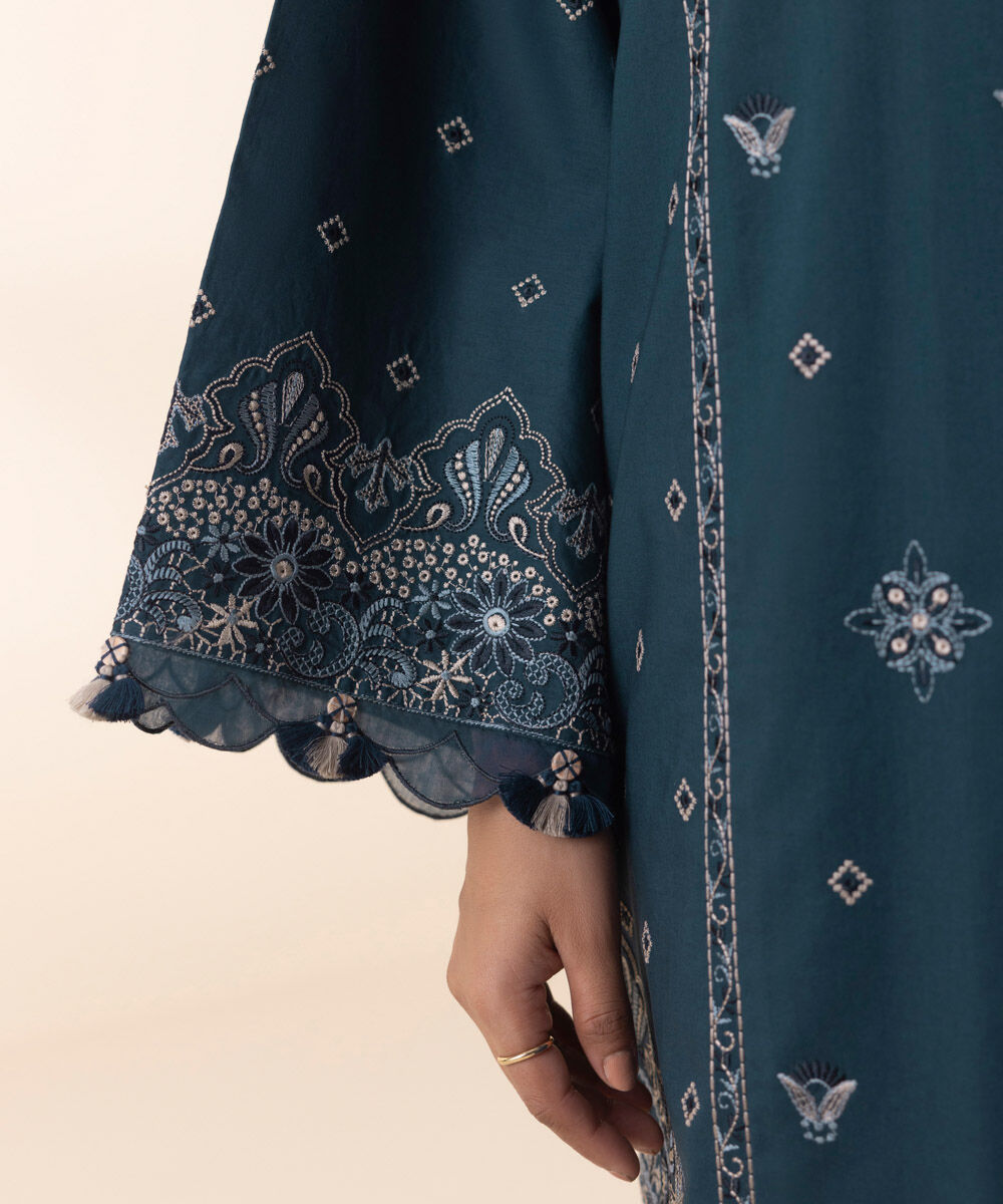 Women's Unstitched Blue Cotton 3 Piece Suit