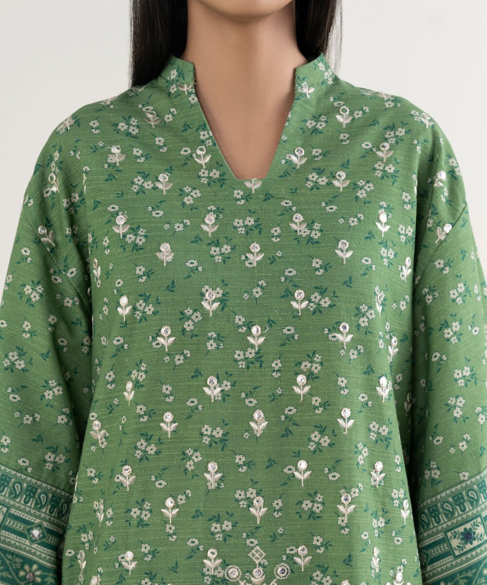 Women's Unstitched Embroidered Khaddar Green 3 Piece Suit