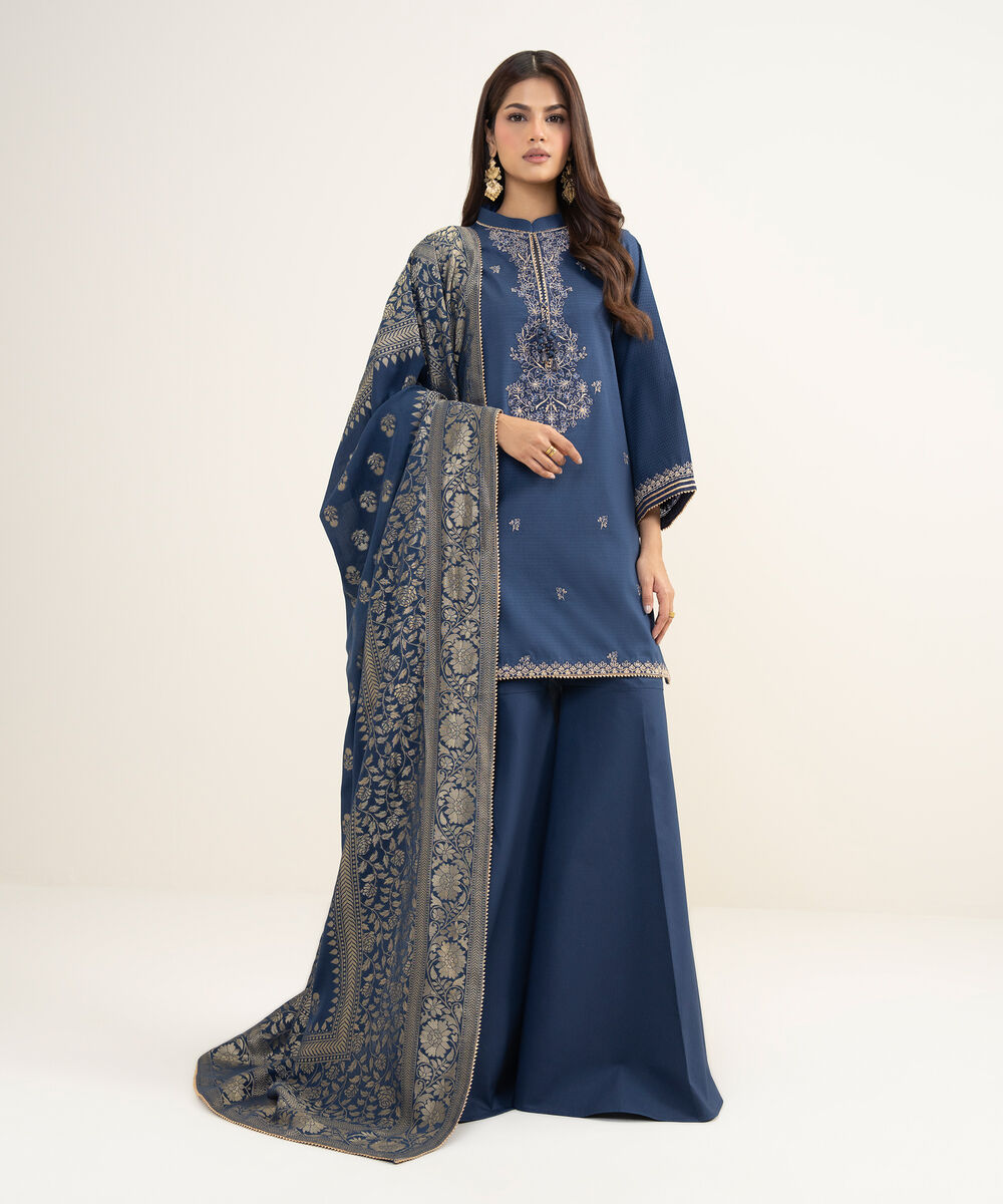 Women's Unstitched Dobby Embroidered Blue 3 Piece Suit