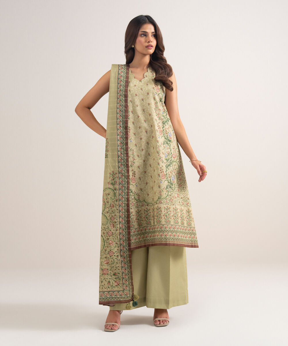 Women's Unstitched Zari Lawn Printed Beige 3 Piece Suit