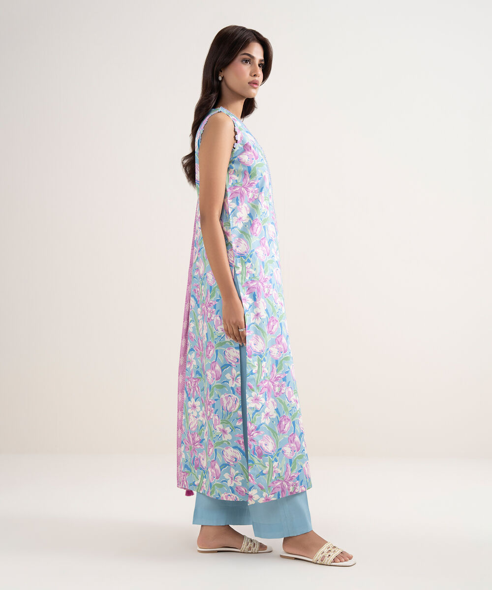 Women's Unstitched Lawn Blue Printed 3 Piece Suit